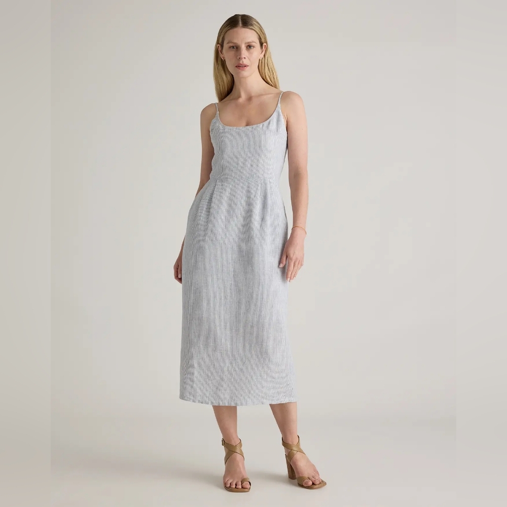 Quince 100% European Linen Scoop Neck Midi Dress Medium Blue White Striped EUC